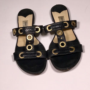 ⬇️Black Leather Flat Sandals With Gold Grommets